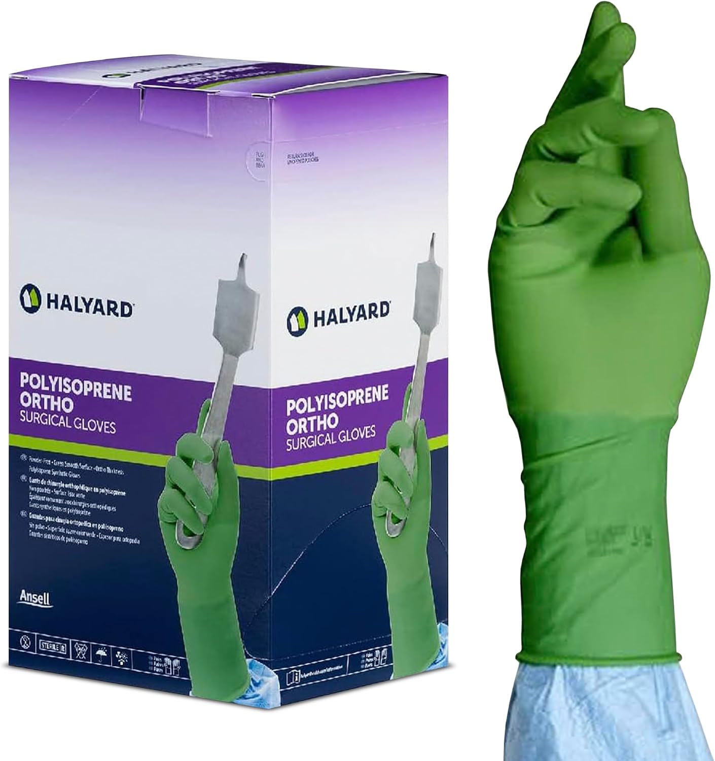 HALYARD Ortho Surgical Glove, Polyisoprene, 12.8 Mil Thick, Individually Wrapped Pairs, Powder-Free, Sterile, 8.5 Large, Green, SGL98085 (Box of 50 Pairs - 100 Total)