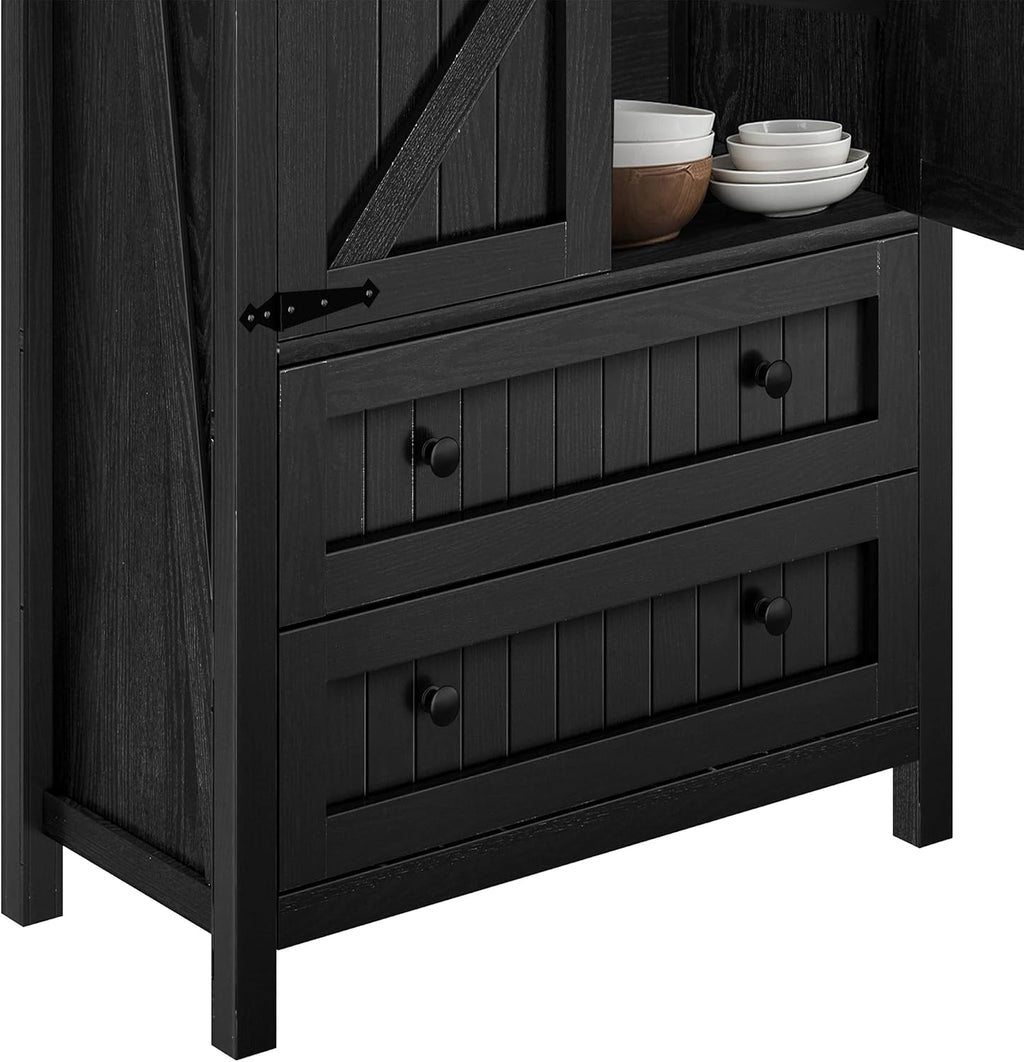 DWVO Farmhouse Kitchen Pantry Cabinet, 64.5' Tall Storage Cabinet with 2 Drawers and Adjustable Shelves, Versatile Storage for Living Room, Dining Room or Hallway, Oak Black