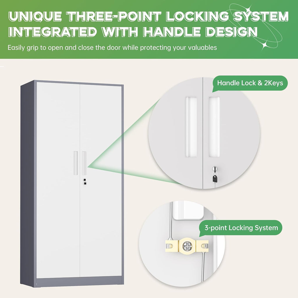 INTERGREAT Metal Storage Cabinet with Lock, 63' H Metal Cabinets Storage with 2 Doors and 4 Adjustable Shelves, Locking Garage Cabinet for Home Office, Kitchen, Bathroom (White Grey)