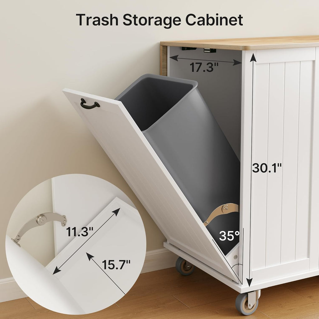 Ahomly Kitchen Island with Storage, 44.49' Kitchen Island with Trash Can Storage, Drop Leaf Rubberwood Top, Knife Holder, Adjustable Shelf, Towel Bar, Drawer, Spice Rack, White