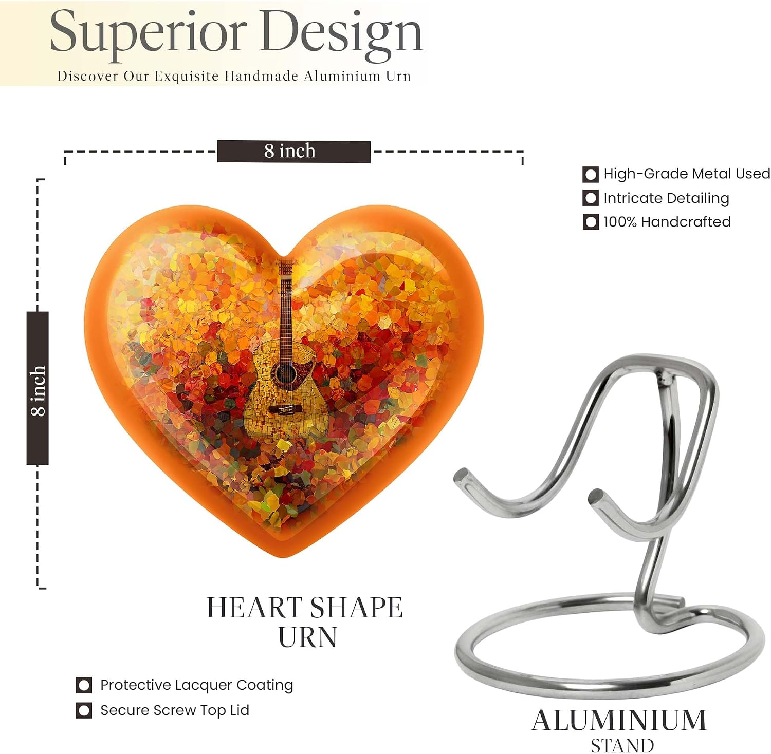 Guitar Urn - Heart Urns - Cremation Boxes for Human Ashes - Human Urns for Ashes Dad - Unique Urn for Ashes for Women - Urns for Ash Male - Burial Urn for Women Ashes (1pcs 8Inch+1pcs 3inch Combo)