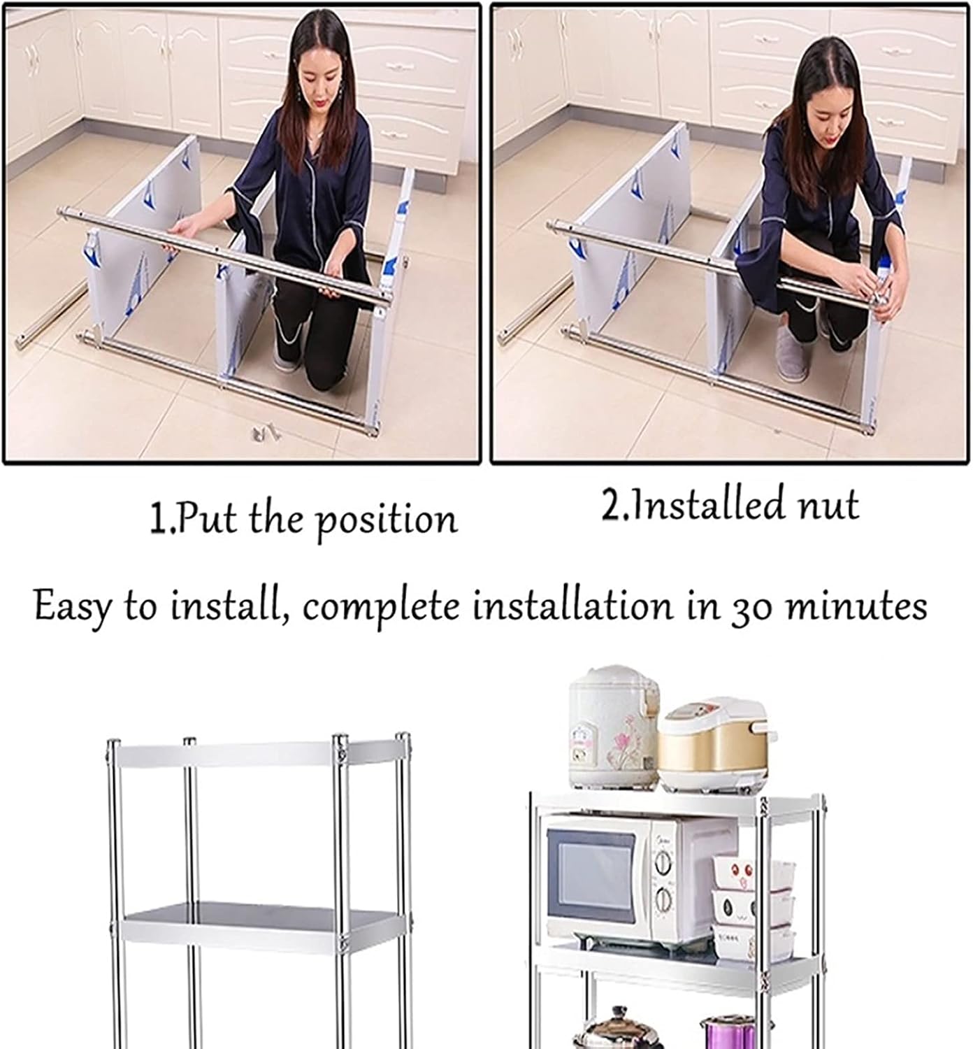 3-Tier Kitchen Baker's Rack Utility Microwave Oven Stand Storage Cart Workstation Shelf Hooks Organizer Baker's Shelves Bar Hutch Industrial Oven Standing Spice Wine Adjustable Shelving (100x30x80cm )