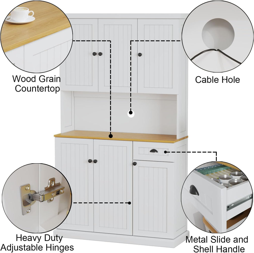 RASOO Buffet Hutch Cabinet Kitchen Sideboard Pantry Cabinet Wood Kitchenware Server Kitchen Storage Microwave Cabinet with 3 Doors Upstairs and 3 Doors downstairs and 1 Drawer, White (R0086)