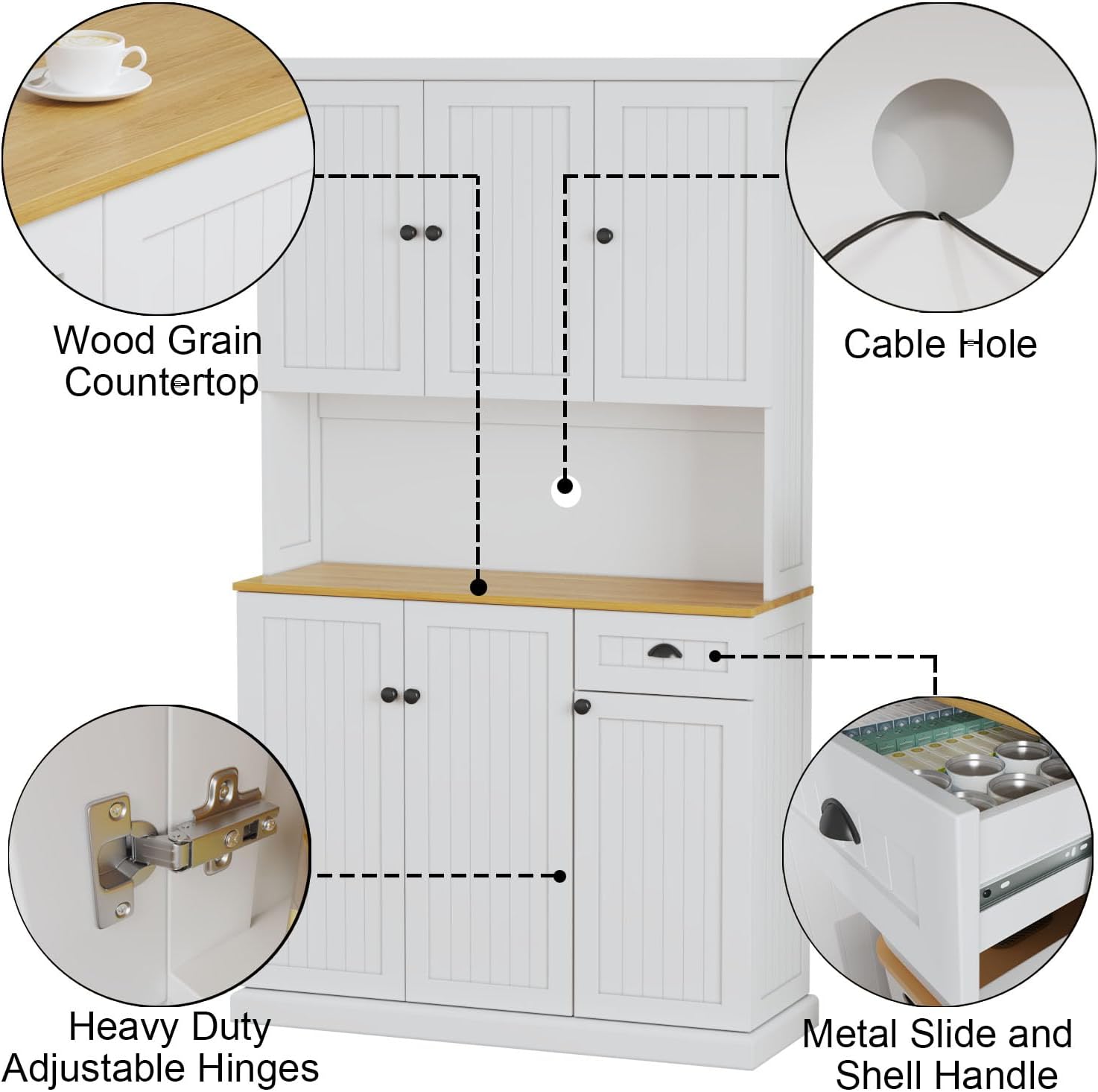 RASOO Buffet Hutch Cabinet Kitchen Sideboard Pantry Cabinet Wood Kitchenware Server Kitchen Storage Microwave Cabinet with 3 Doors Upstairs and 3 Doors downstairs and 1 Drawer, White (R0086)