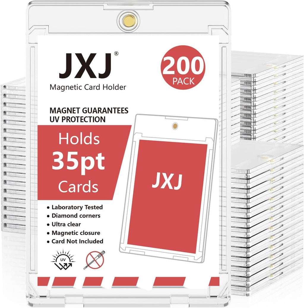 JXJ 200ct Magnetic Card Holders, 35pt One Touch Card Holder, U-V Protection Hard Plastic Case for Trading Cards, Display Case for Sports, Baseball, Football, Game Cards (200)