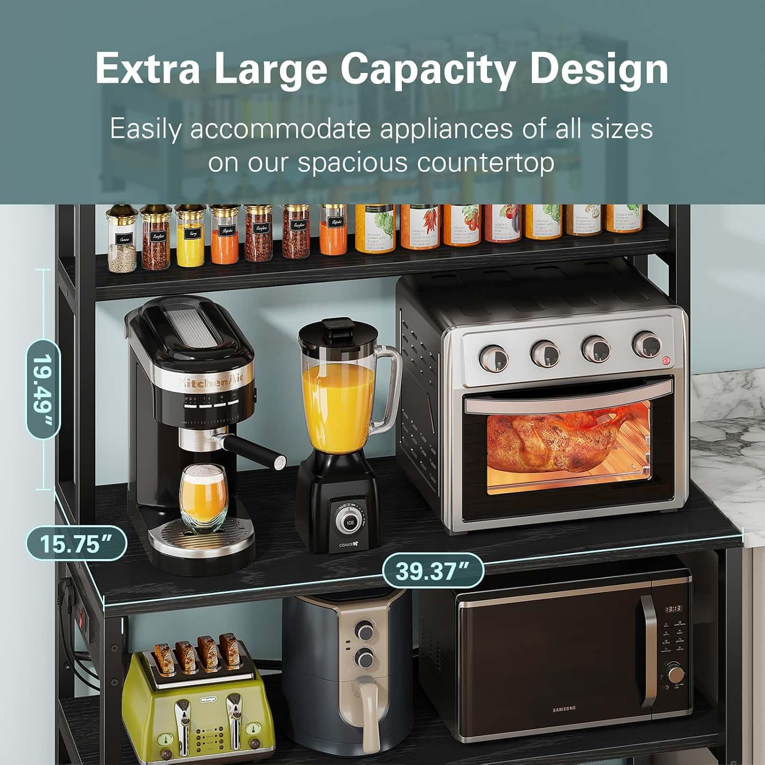 Denkee Large Bakers Rack with Power Outlets, 38 Inch Microwave Stand with Storage, 5-Tier Coffee Bar Stand, Industrial Kitchen Shelf Rack, Black