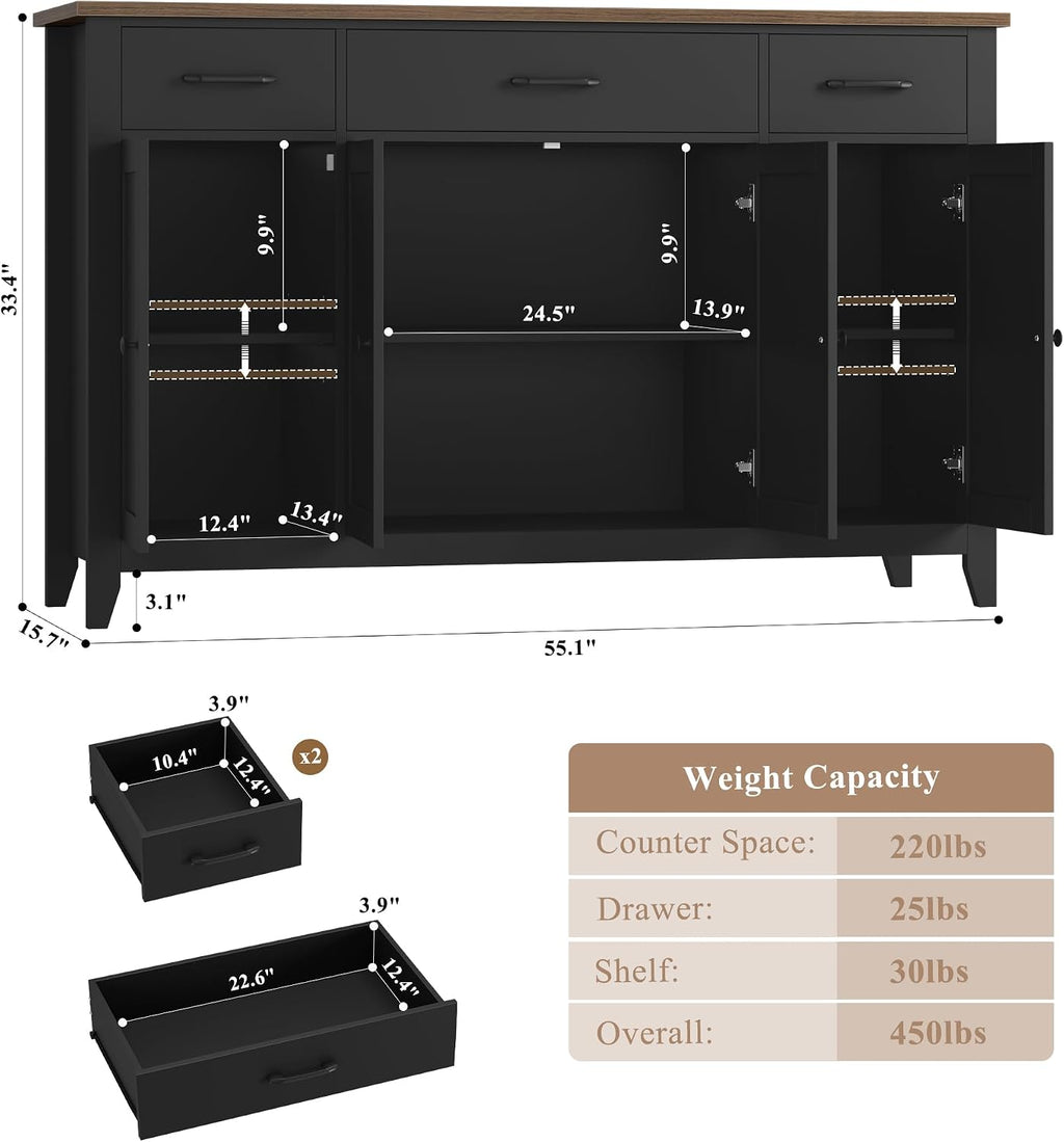 HORSTORS 55' Buffet Cabinet, Modern Farmhouse Sideboard Buffet with Drawers, Large Kitchen Storage Cabinet with Adjustable Shelves, Wood Coffee Bar for Kitchen, Dining Room, Living Room, Black