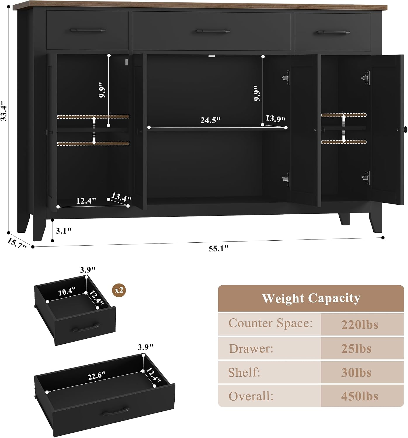HORSTORS 55' Buffet Cabinet, Modern Farmhouse Sideboard Buffet with Drawers, Large Kitchen Storage Cabinet with Adjustable Shelves, Wood Coffee Bar for Kitchen, Dining Room, Living Room, Black