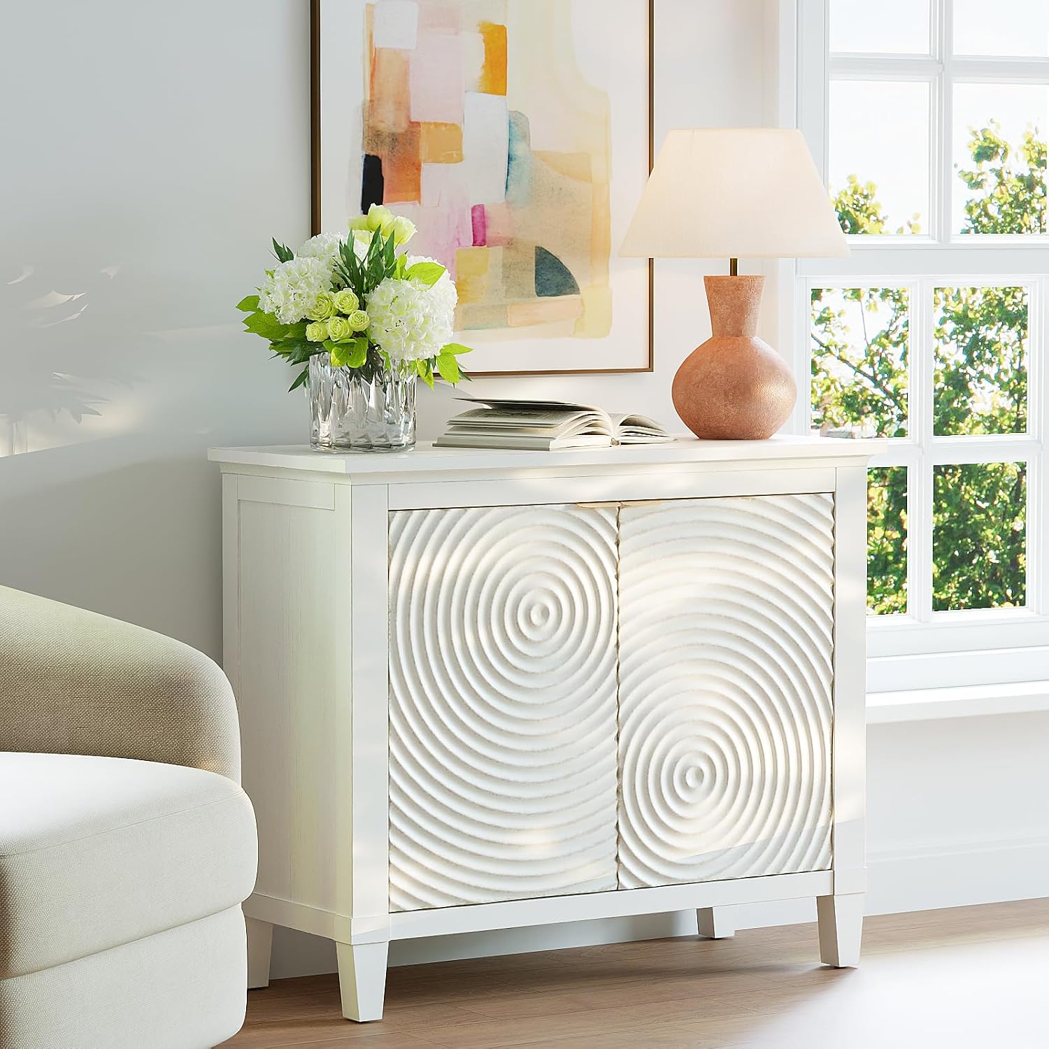 40' Coffee Bar Cabinet with Shelf, Craft Storage Cabinet with Doors, Wood Cabinet, Charming Carved Motif, Entry Way Cabinet with Storage, Sideboard Buffet for Living Room (Annual rings, White)