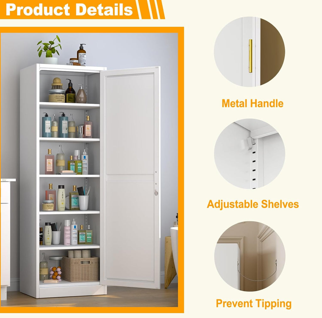 Ckzbx Metal Locker Tall Narrow Storage Cabinet, 67' H Locking Tool File Cabinets Snack Locker Organizer for School Classroom,Bedroom,Gym Home Office,Entryway and Hallway (20' W 1Door White)
