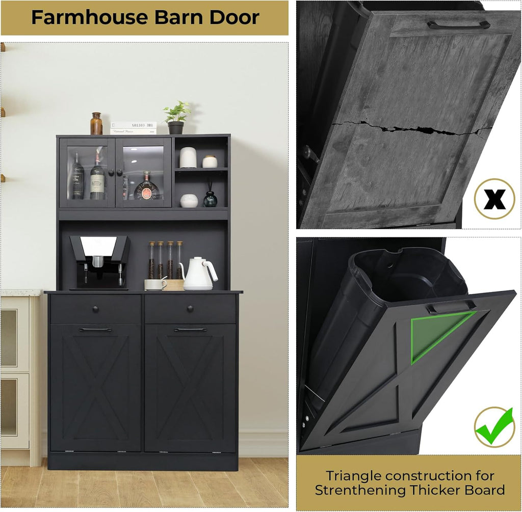 Arlopu Dual Tilt Out Trash&Storage Cabinet, Kitchen Sideboard Cupboard W/Pet Proof 10X2 Gal Hidden Garbage Holder, Freestand Laundry Sort Cabinet, W/Drawer, Shelves,Barn Door (Black)