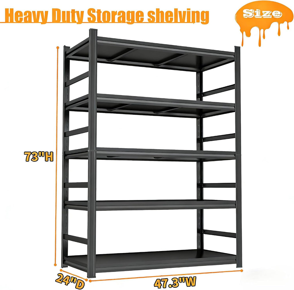 5-Tier Adjustable Storage Rack Metal Shelving 48' W x 73' H Metal Storage Shelf Black Shelving Unit 2000LBS Shelvs for Kitchen Pantry Basement