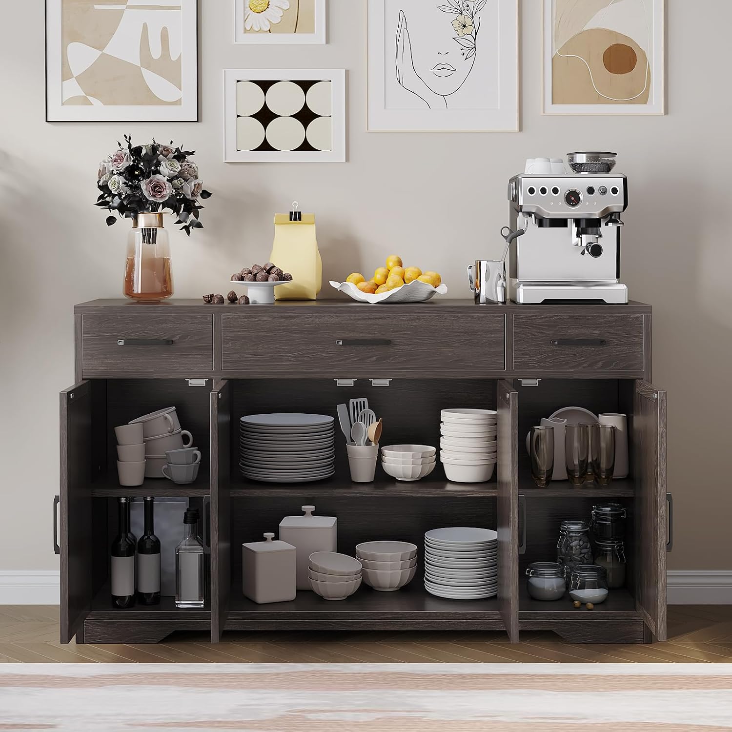 Garvee 55 in Large Buffet Sideboard Cabinet with Storage 4 Doors and 3 Drawers Kitchen Storage Cabinet Coffee Bar Buffet Table for Dining Room, Living Room, Adjustable Shelf