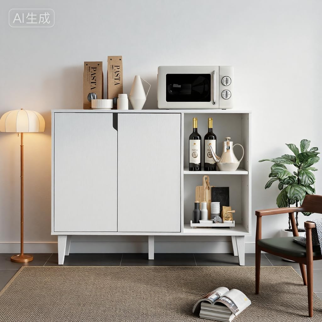 Panana Kitchen Buffet Cabinet Storage Sideboard with 2 Doors 2 Shelves, 41.8' L x 15' W x 32.5' H (White)