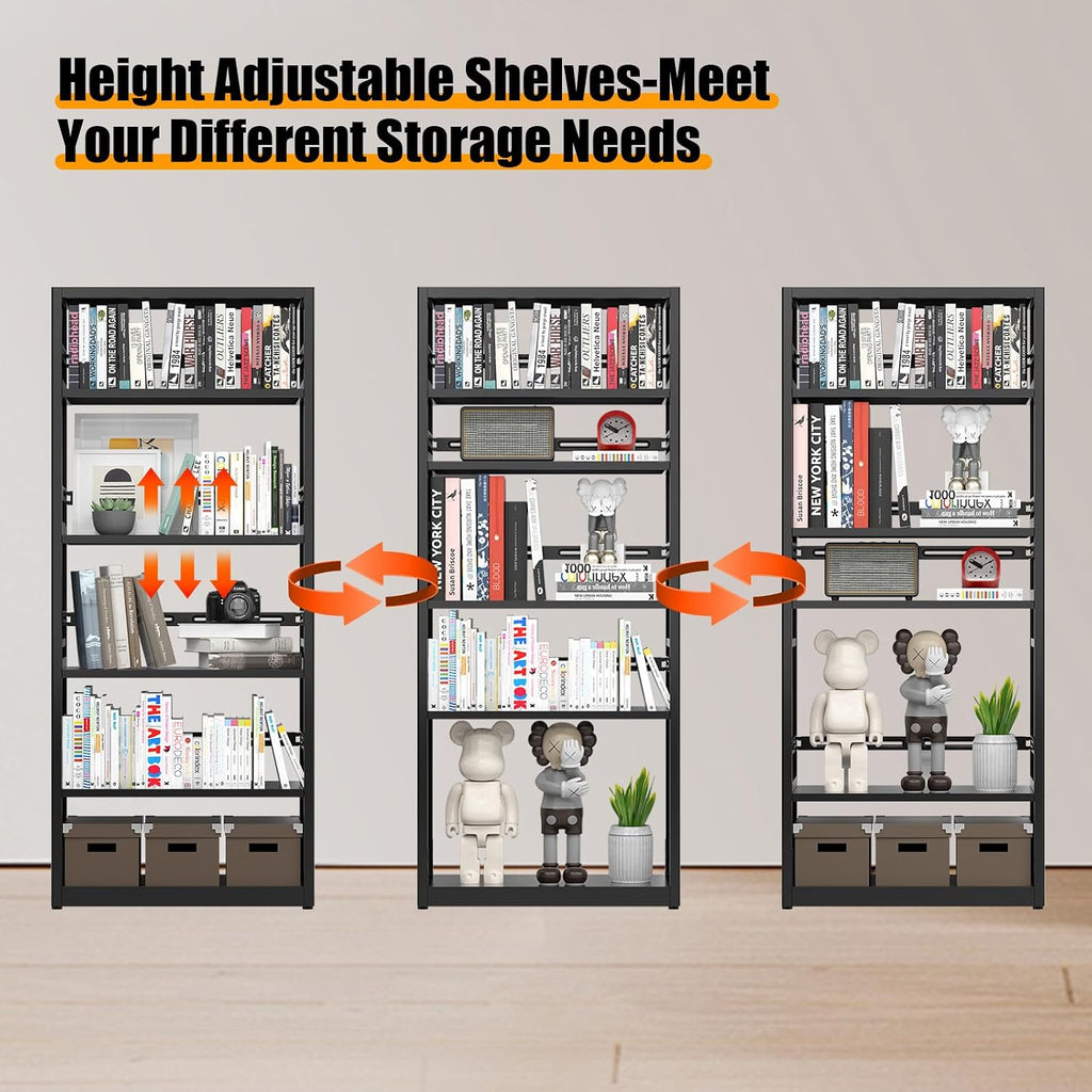 5 Tiers Bookshelf Tall Bookcase Shelf Storage Organizer Book Rack Utility Metal Shelf Adjustable Garage Shelving Organizer Rack for Kitchen Laundry Garage Bathroom Pantry Office 68' H*28' W*13' D