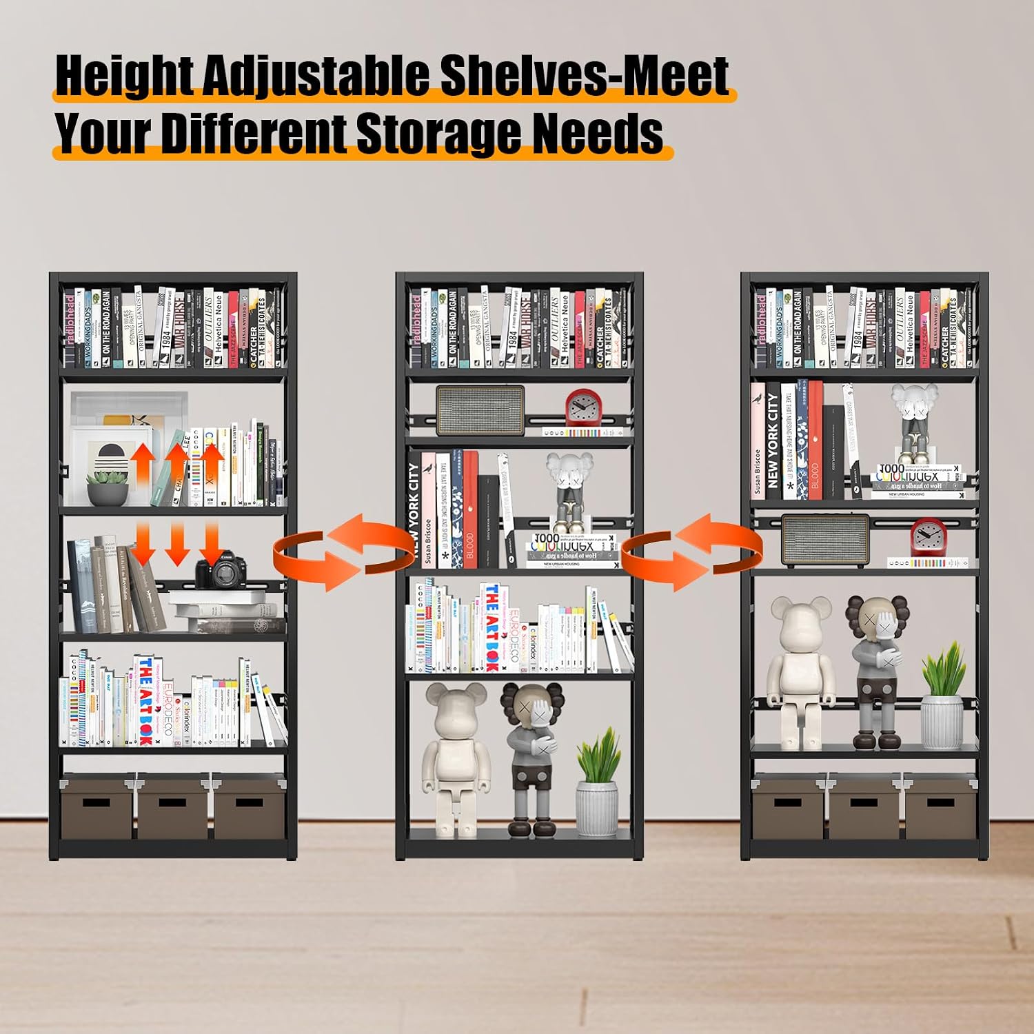 5 Tiers Bookshelf Tall Bookcase Shelf Storage Organizer Book Rack Utility Metal Shelf Adjustable Garage Shelving Organizer Rack for Kitchen Laundry Garage Bathroom Pantry Office 68' H*28' W*13' D