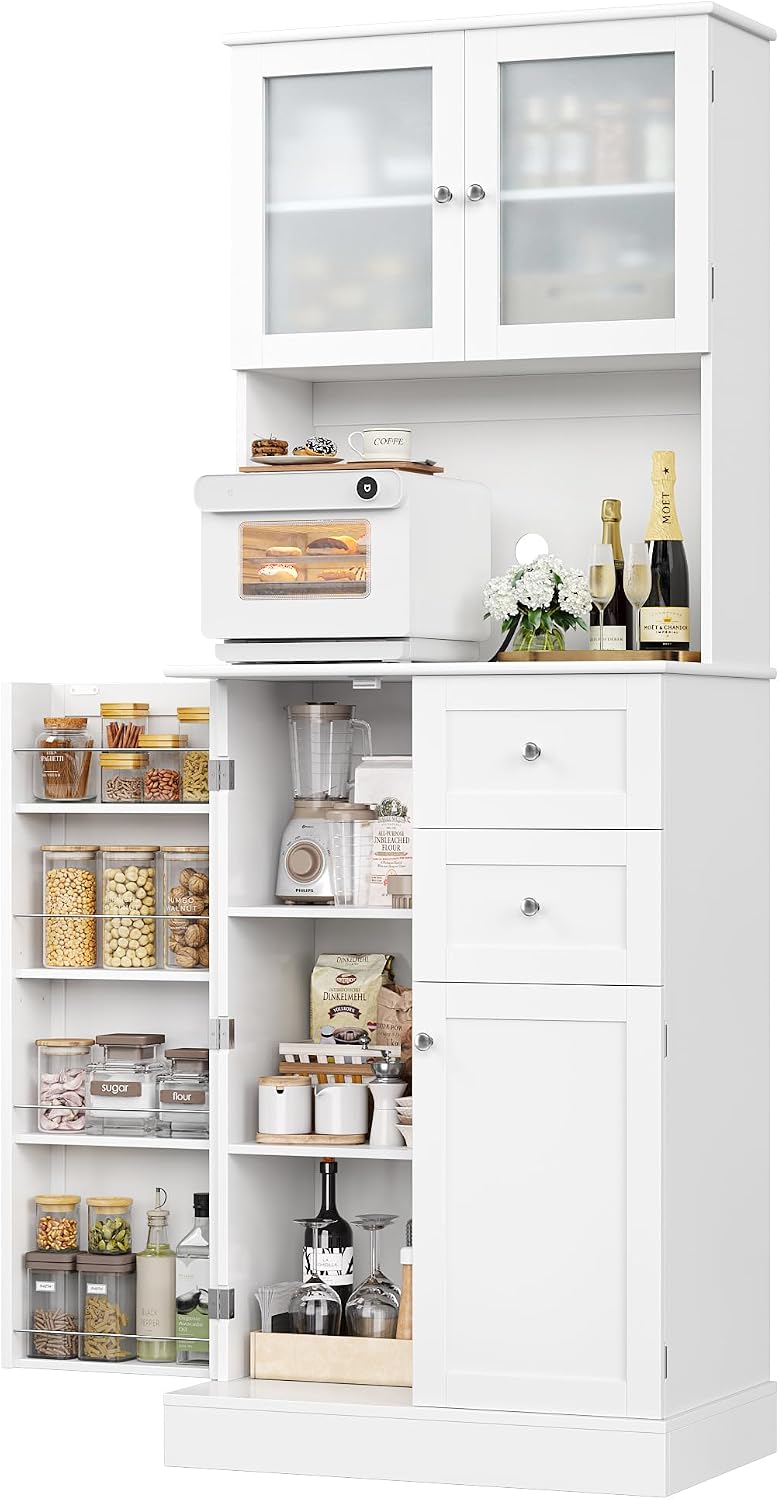 BOTLOG 72' Tall Kitchen Pantry Storage Cabinet, Kitchen Hutch Cabinet with Doors and Shelves, Modern Food Pantry with 2 Drawers for Dining Room, Living Room, White