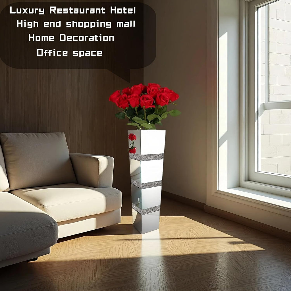 30' Large Crushed Diamond Floor Vases,Tall Mirrored Silver Crystal Vase, Floor Vases Decorative Tall for Home,Office,Hotel (8' L x 8' W x 30' H)