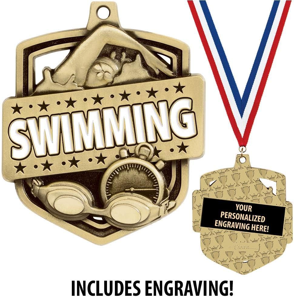 Your Engraving Swimming Awards, 2.25' Gold Admiral Swimming Medals, Gold Swimming Medal with Free Custom Personalization