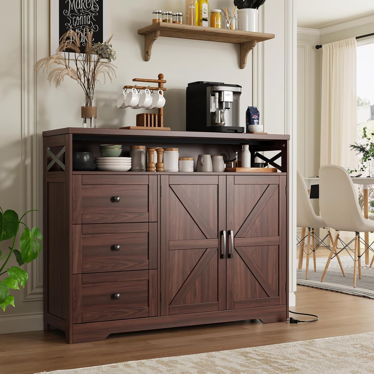 47' Dark Brown Farmhouse Storage Cabinet with Barn Doors and Drawers, Sideboard Buffet Cabinet with Storage, Kitchen Pantry Hutch, Coffee Bar Station Table for Kitchen, Living, Dining Room