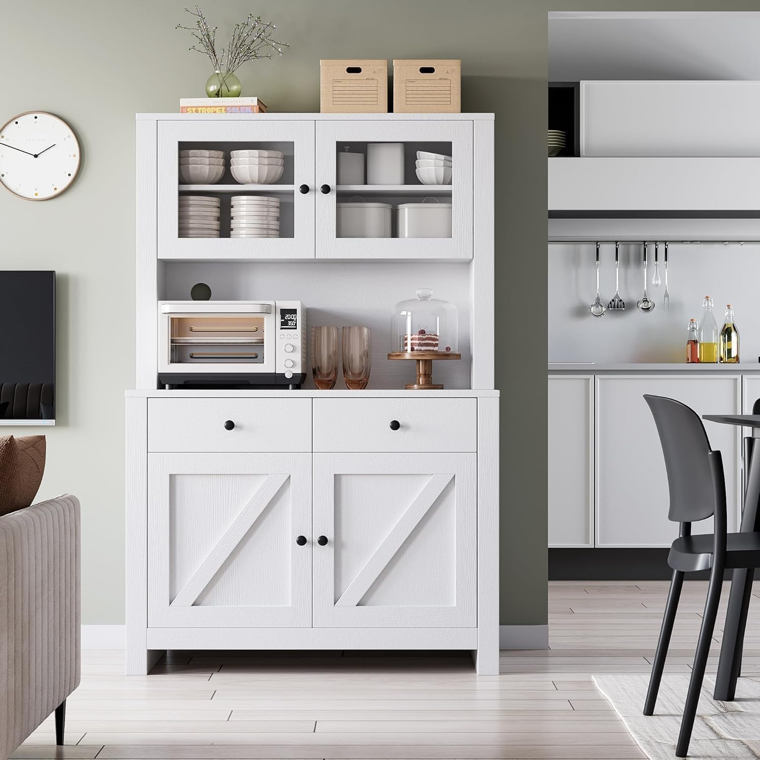GarveeHome Kitchen Pantry Cabinet with Microwave Stand, Freestanding Hutch Cabinet with Buffet Cupboard, Tall Kitchen Cabinets with Adjustable Shelves for Dining Room, White