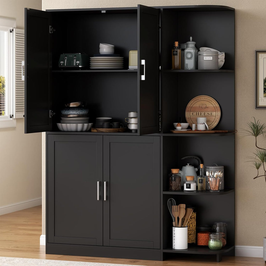 Loomie Kitchen Pantry Storage Cabinet, 64' Tall Freestanding Cupboard with Doors & Adjustable Shelves, Food Pantry Cabinet with 5-Tier External Shelf for Dining Room (Black)
