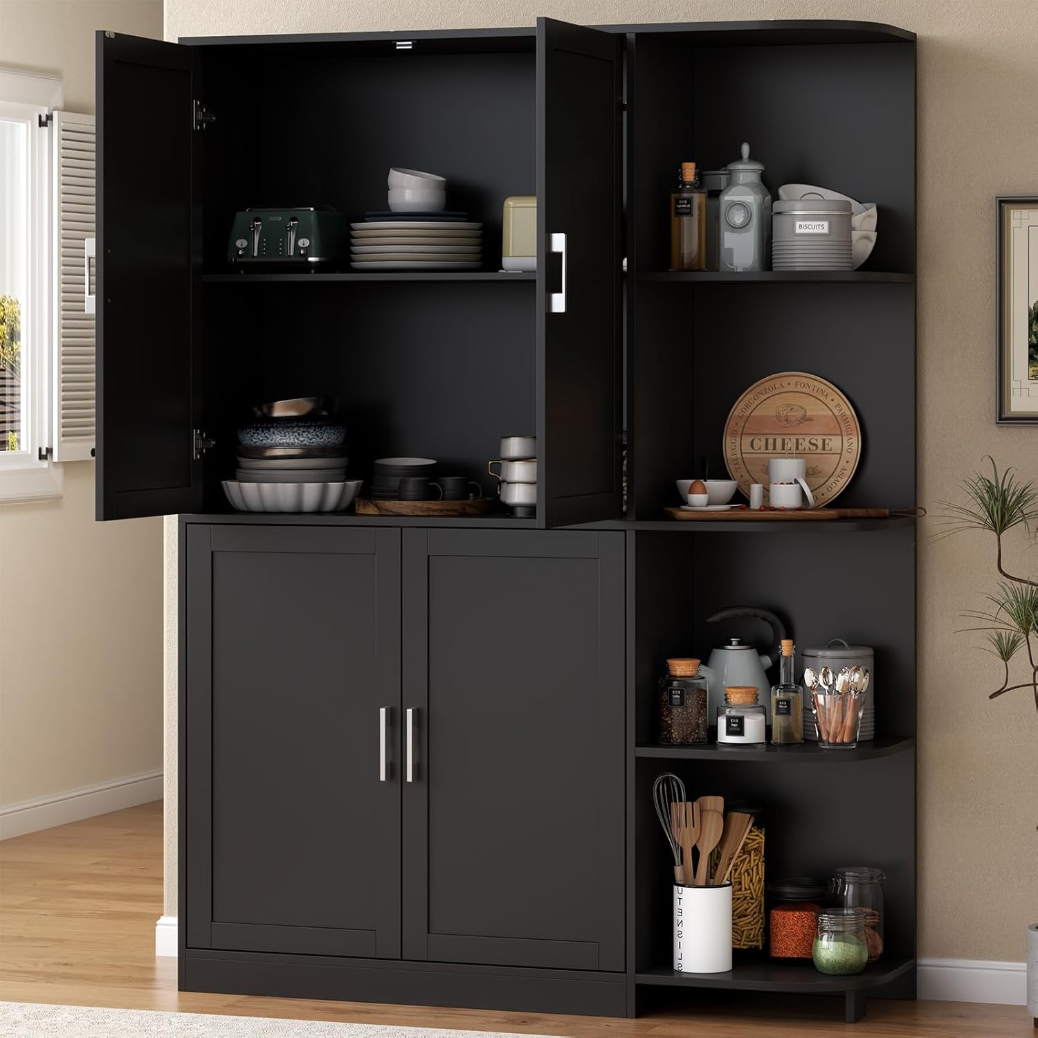 Loomie Kitchen Pantry Storage Cabinet, 64' Tall Freestanding Cupboard with Doors & Adjustable Shelves, Food Pantry Cabinet with 5-Tier External Shelf for Dining Room (Black)