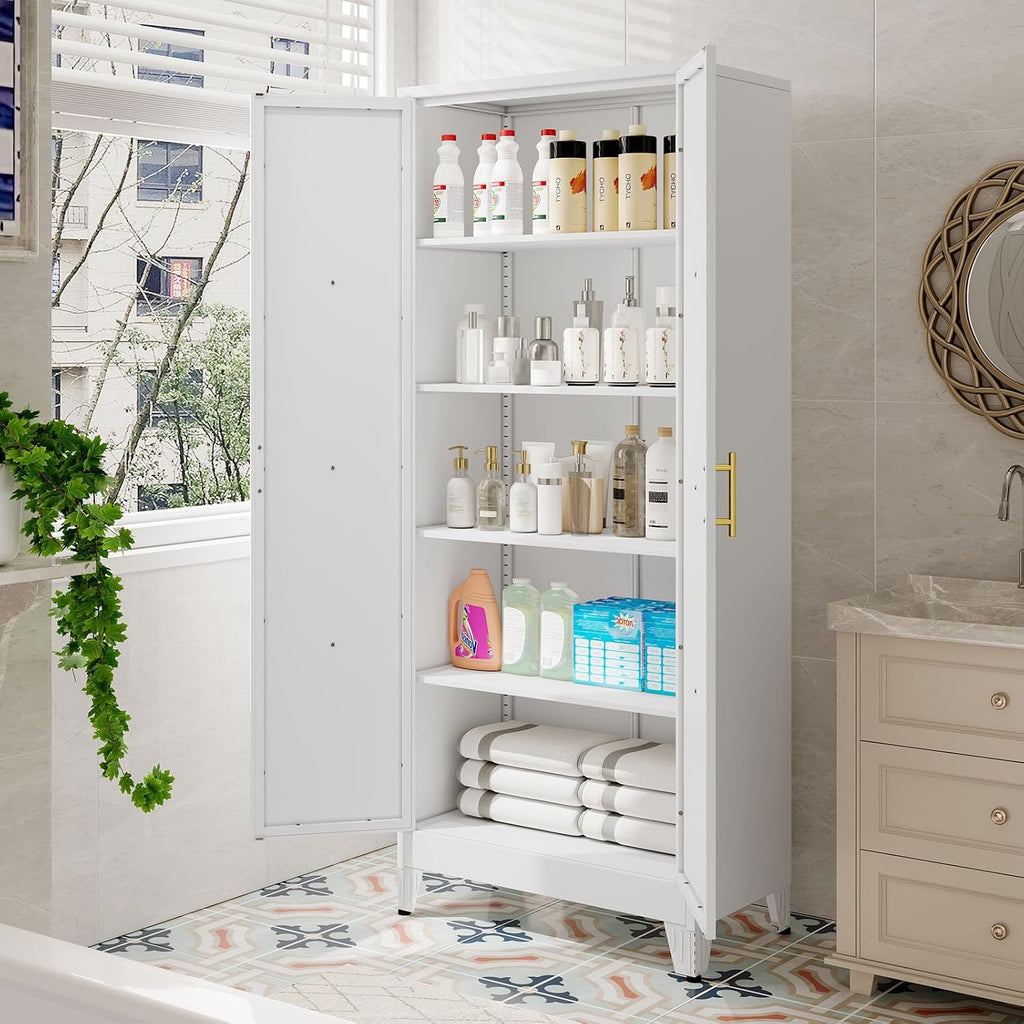 pozdeg 71' Tall Kitchen Pantry Cabinet, Metal Storage Cabinet with 2 Doors and 4 Adjustable Shelves, White Food Pantry Cupboard for Kitchen, Dining Room, Living Room and Bathroom (White)