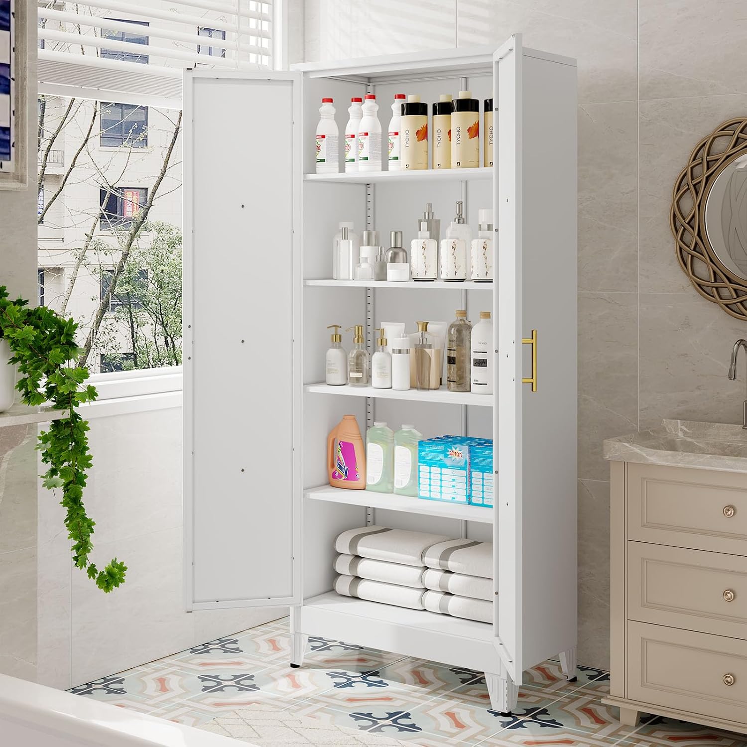 pozdeg 71' Tall Kitchen Pantry Cabinet, Metal Storage Cabinet with 2 Doors and 4 Adjustable Shelves, White Food Pantry Cupboard for Kitchen, Dining Room, Living Room and Bathroom (White)