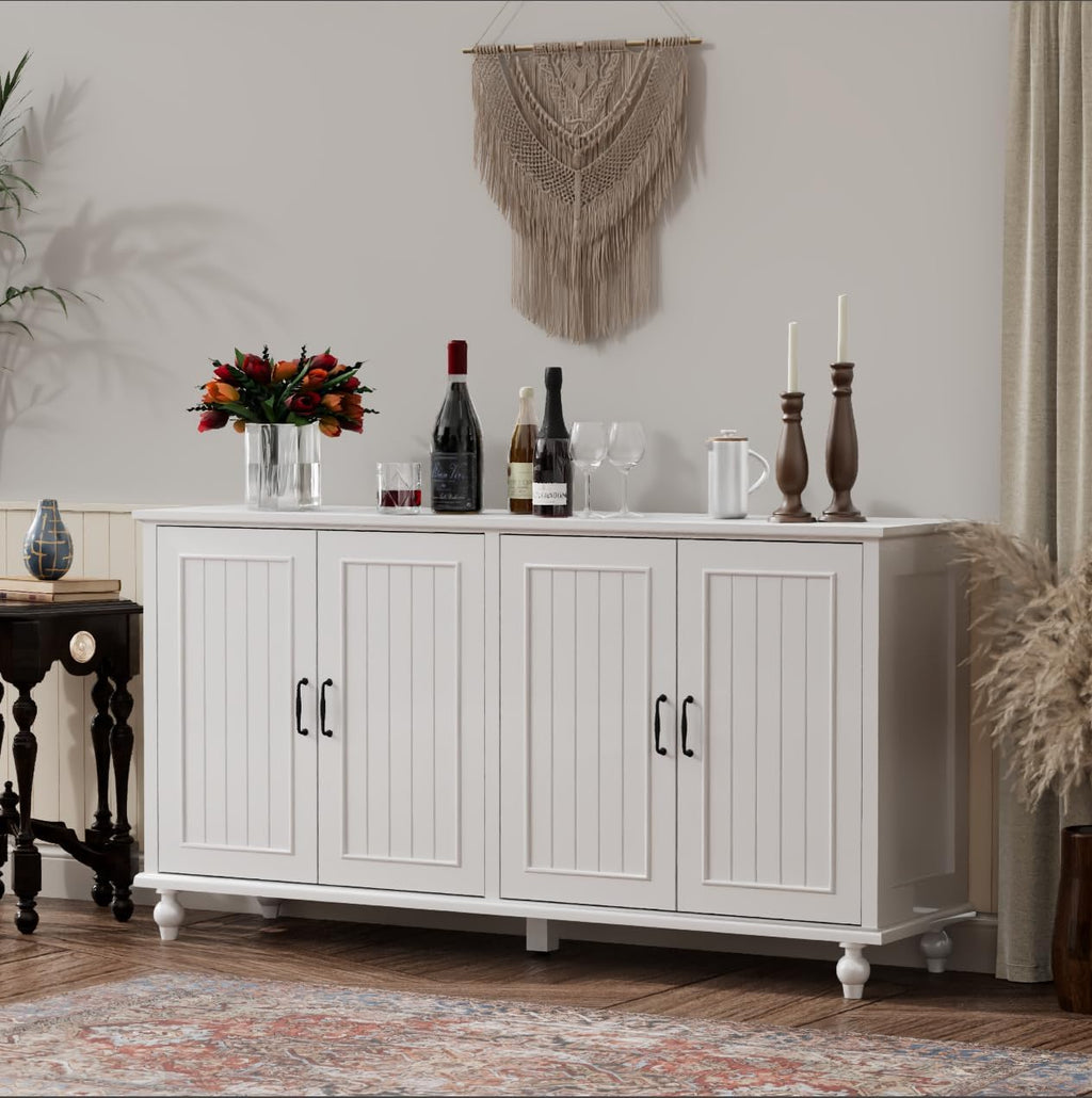 Scurrty 62'' Coffee Bar Cabinet Kitchen with Storage, Buffet Cabinet with Storage, Sideboard Buffet for Dinning Room, Kitchen & Living Room (4 Doors, White)