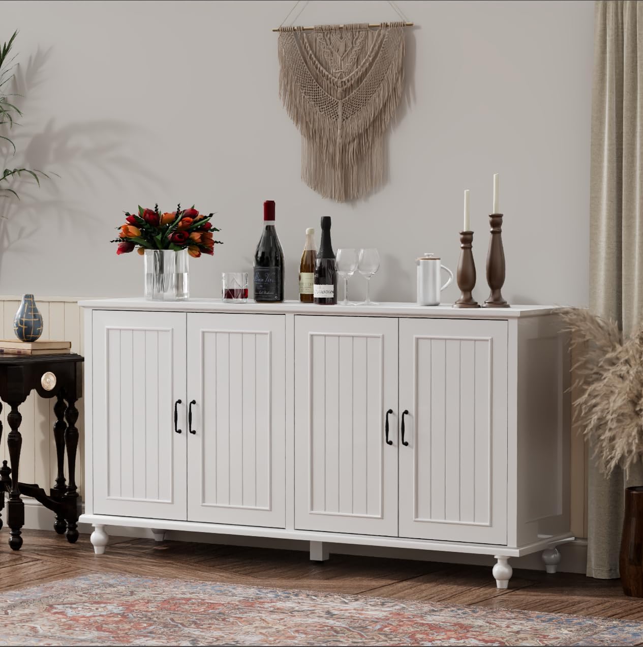 Scurrty 62'' Coffee Bar Cabinet Kitchen with Storage, Buffet Cabinet with Storage, Sideboard Buffet for Dinning Room, Kitchen & Living Room (4 Doors, White)