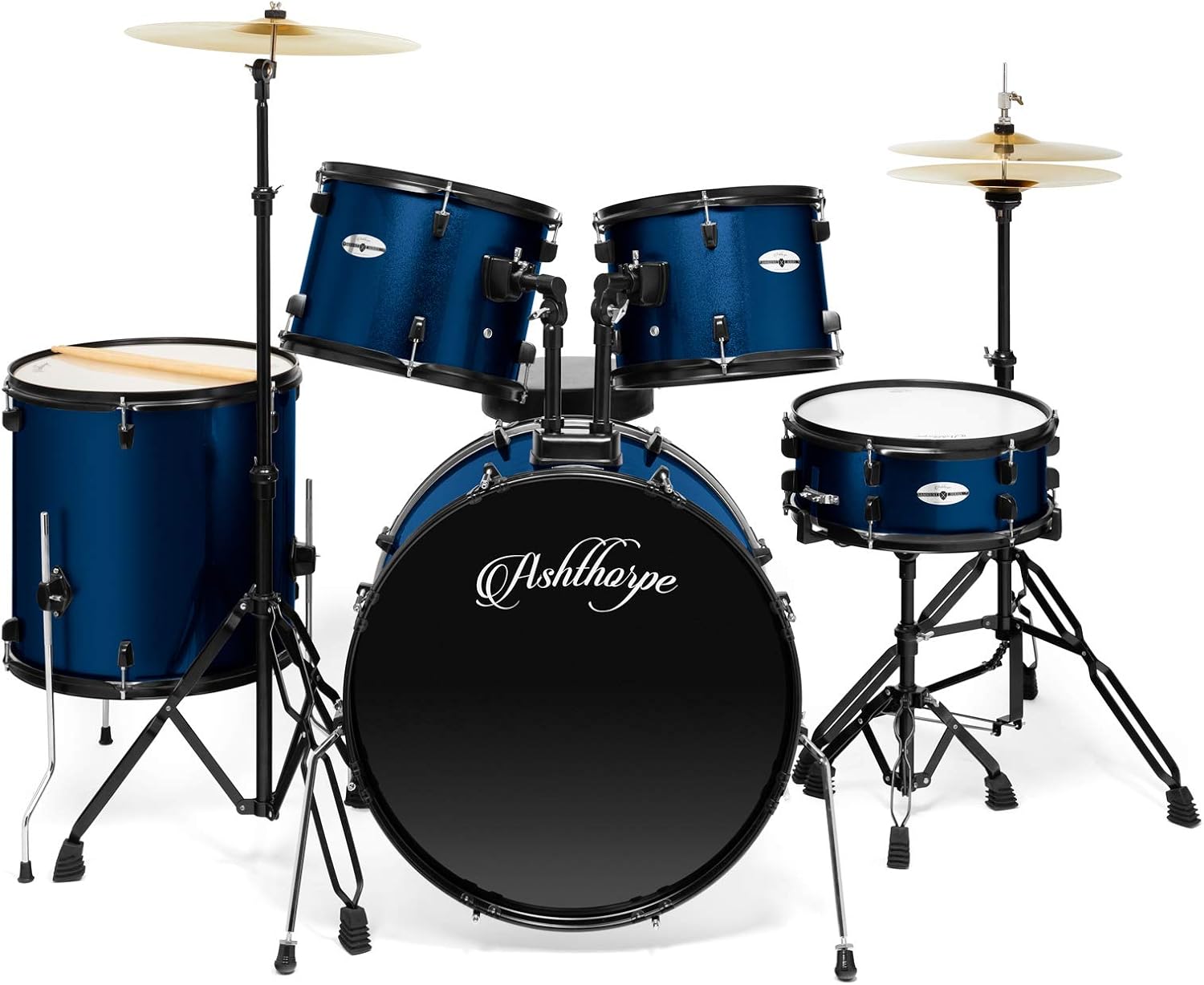 Ashthorpe 5-Piece Complete Full Size Adult Drum Set with Remo Batter Heads - Blue