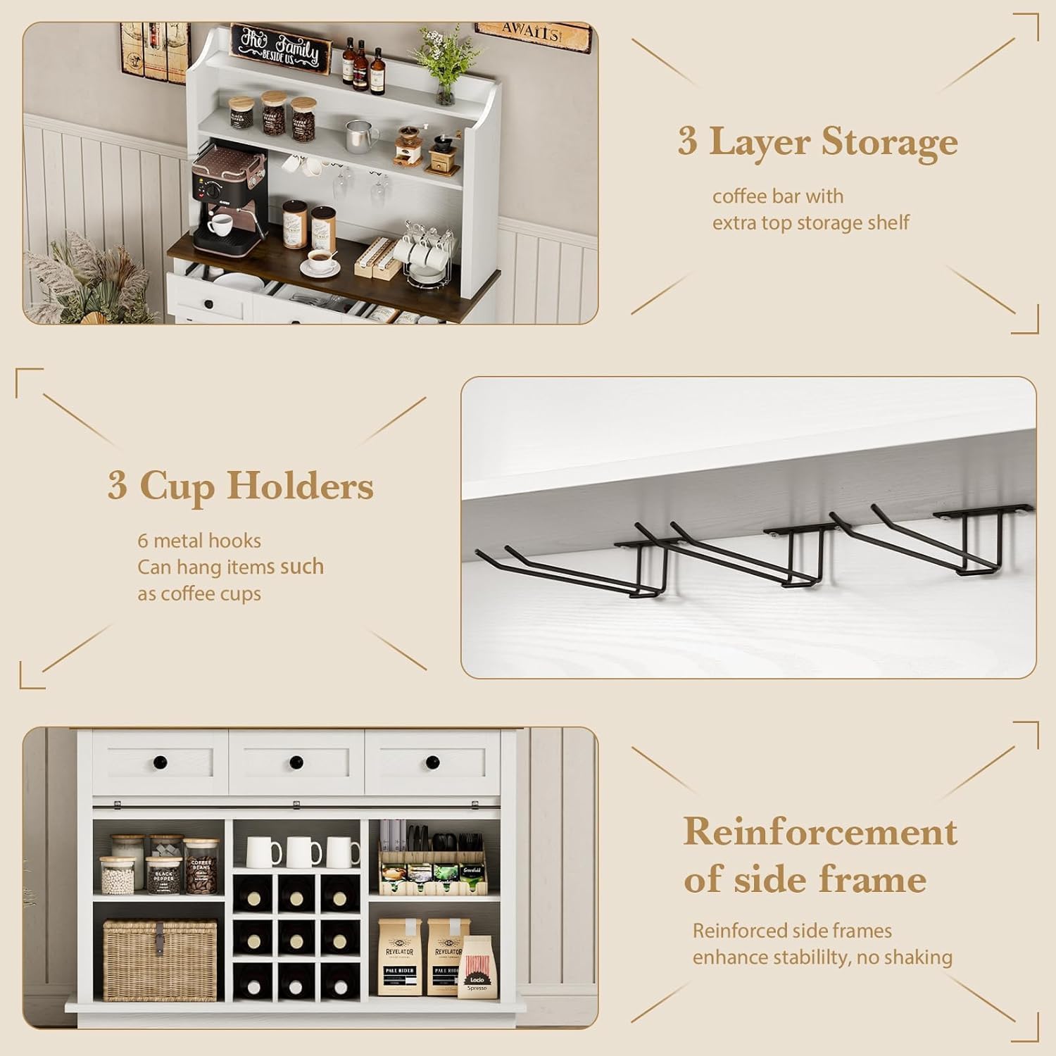 REVOMINCA 63 Inch Tall Coffee Bar Cabinet with 3-Tier, Kitchen Hutch with 3 Large Drawers, Farmhouse Coffee Bar with 9 Wine Racks & 3 Glass Holders, Wine Storage Cabinet for Living Dining Room, White