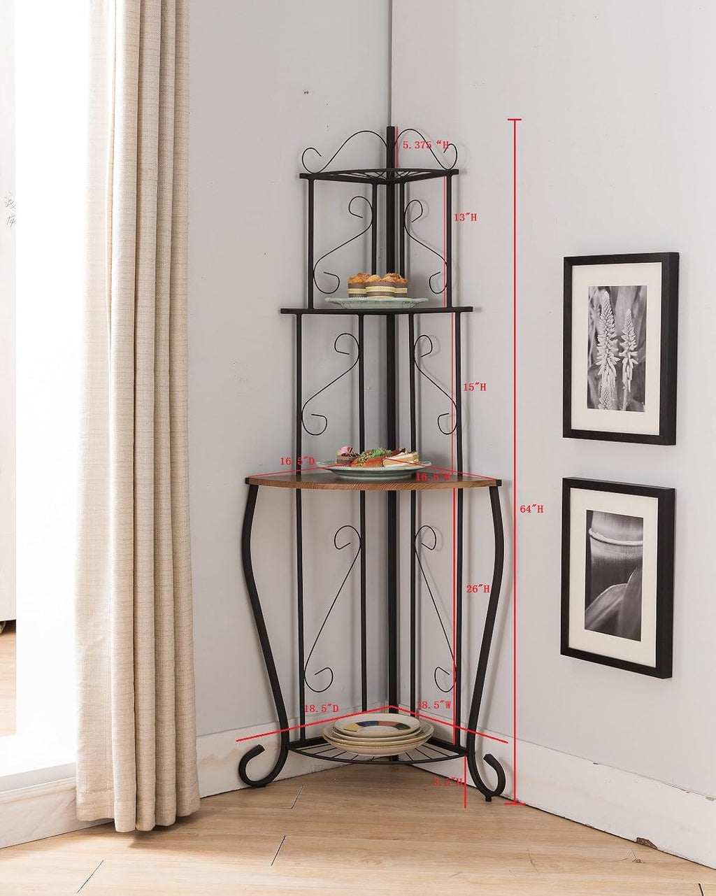 KB Designs - 4-Tier Corner Bakers Rack, Kitchen Storage Shelfs, Black/Walnut