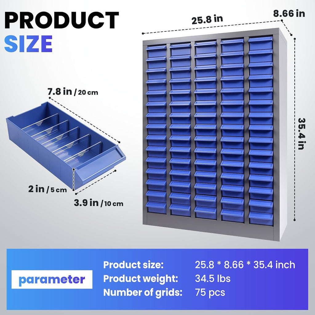 75-Drawer Small Parts Organizer, Nut and Bolt Organizer, Bolt Bin with ABS Drawers, Metal Storage Cabinet for Garage, Workshop, Home & Office, Tool Cabinet with Drawer