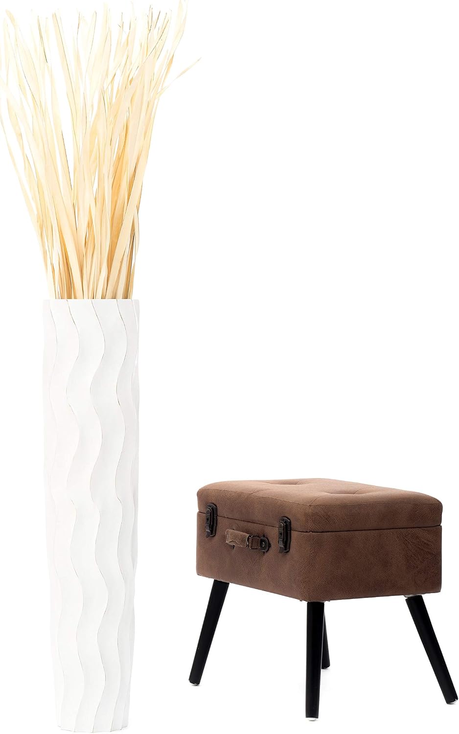 Leewadee Large White Wash Home Decor Floor Vase – Wooden 36 inches Tall Farmhouse Decor Flower Holder for Fake Plant and Pampas Grass