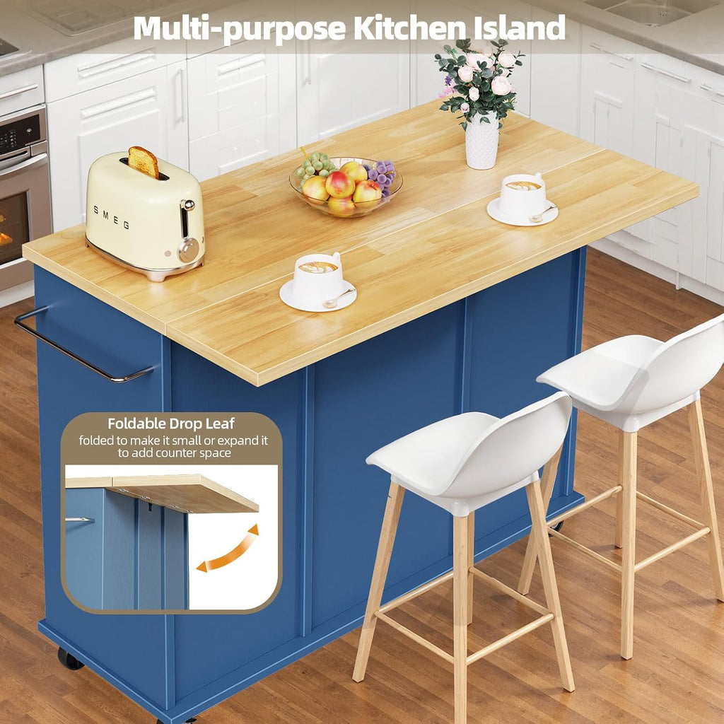 JY QAQA 42' Kitchen Island with Storage on Wheels, Rolling Table with Drop Leaf, Drawers, Cart Handle for Towel Rack or Free Movement, Blue