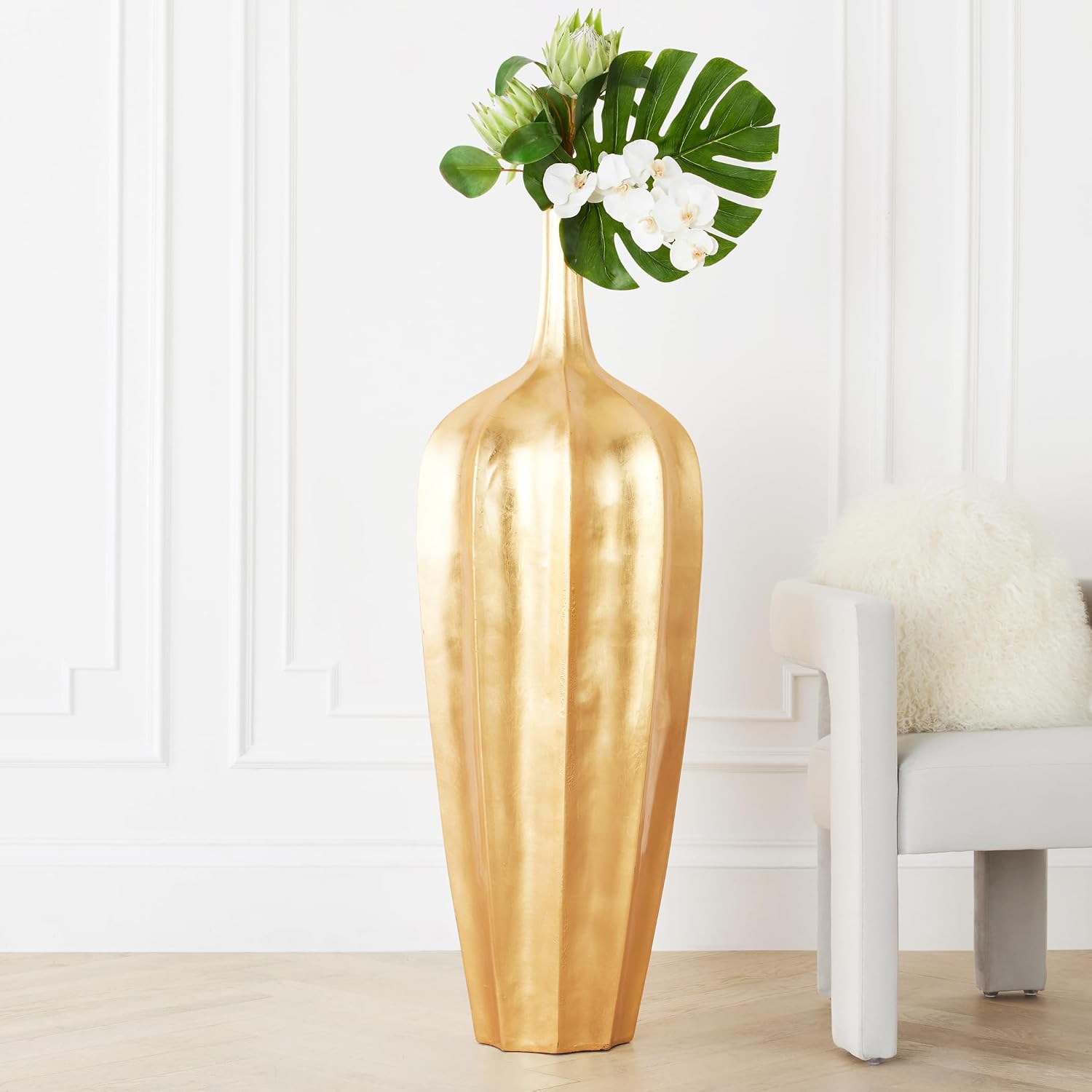 Z Gallerie 48' Accolade Floor Vase, Elegant Fluted Gold Metallic Large Fiberglass Decorative Vase for Home, Office