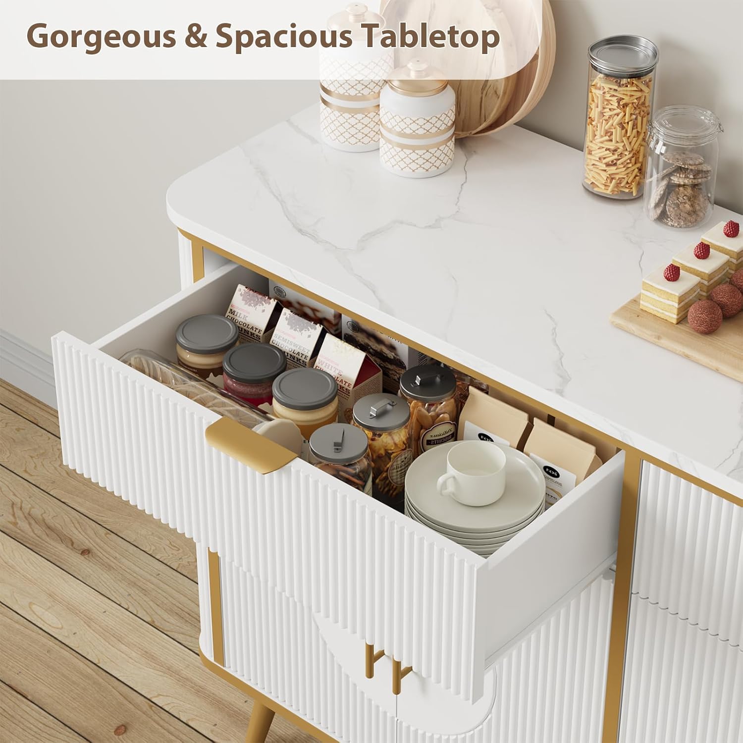 47.2' Buffet Storage Cabinet, Modern Fluted Coffee Bar Station with 2 Drawers & Adjustable Shelves, Kitchen Sideboard Buffet for Dining Room, Living Room, Hallway, White
