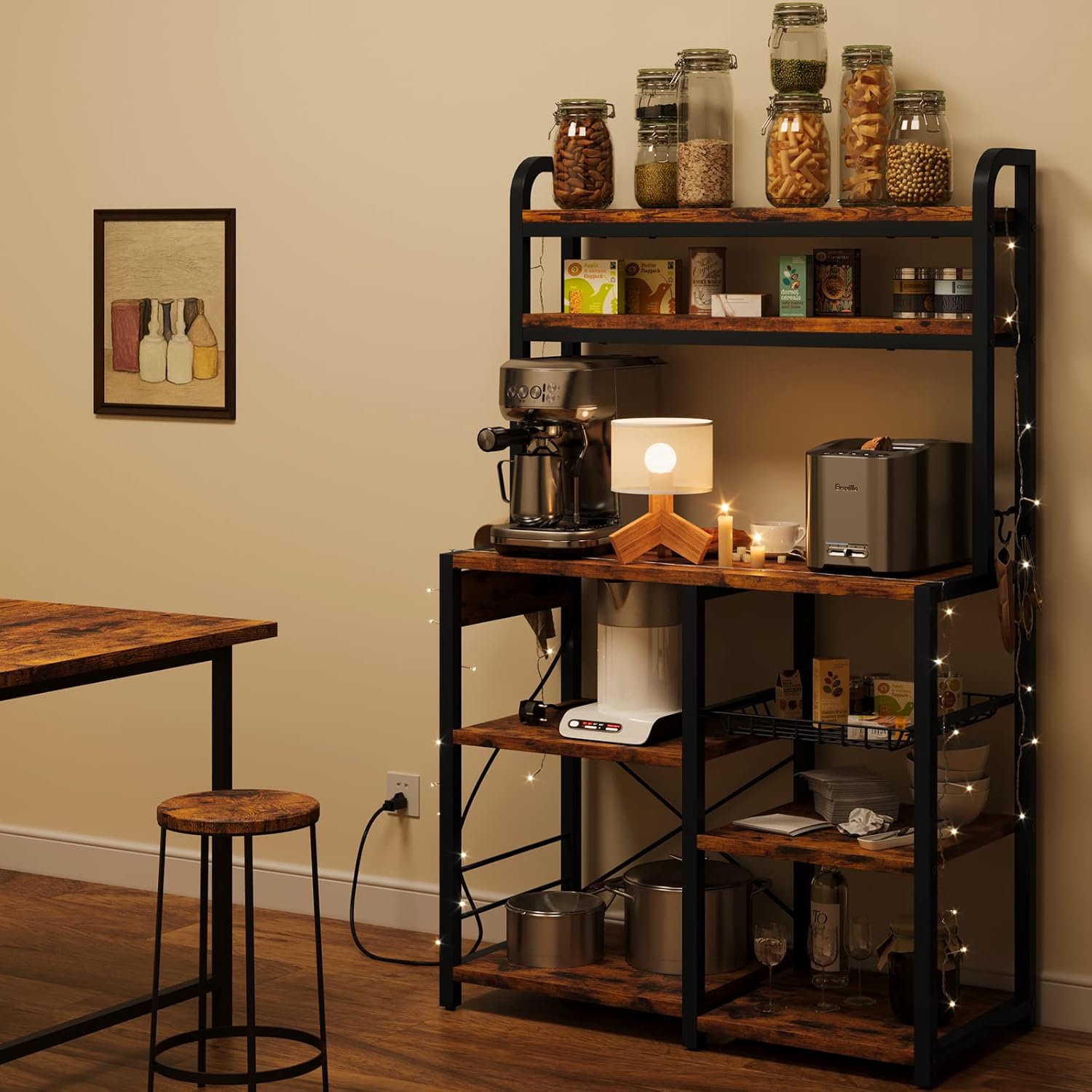 IDEALHOUSE Bakers Rack with Power Outlet, 6-Tier Coffee Bar Station with Wire Drawer, Industrial Microwave Stand, Kitchen Standing Bakers Racks with Large Storage, Hutch, Retro Brown