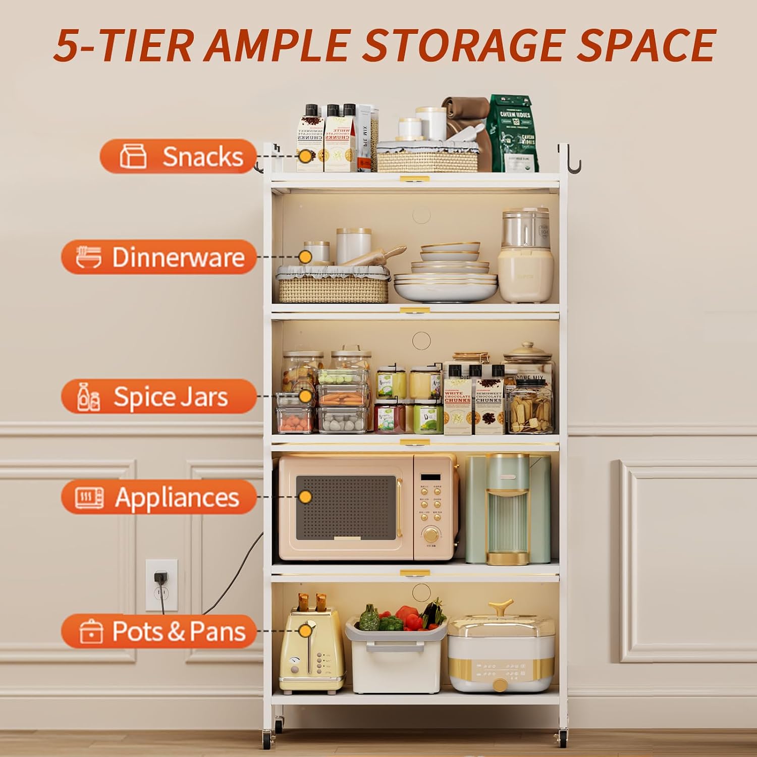 Dyoung 5-Tier Kitchen Pantry Storage Cabinet with Flip-up Doors, Metal Freestanding Cabinet with 4 Rooling Wheels, Bakers Rack with Storage Cabinet for Dining Study Kitchen Living Room (White)
