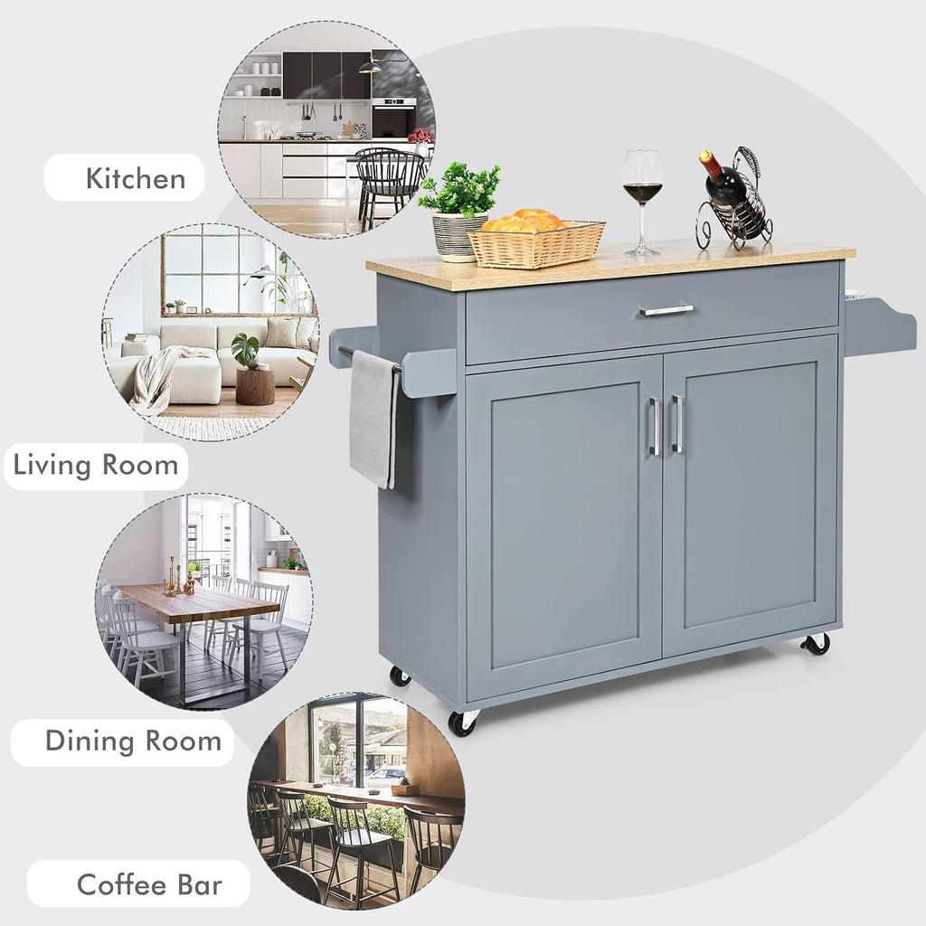 COSTWAY Kitchen Island On Wheels, Rolling Storage Trolley Cart with Large Cabinet, Drawer, Spice Rack and Towel Rack, Kitchen Serving Utility, 3-Position Adjustable Shelf (Grey)