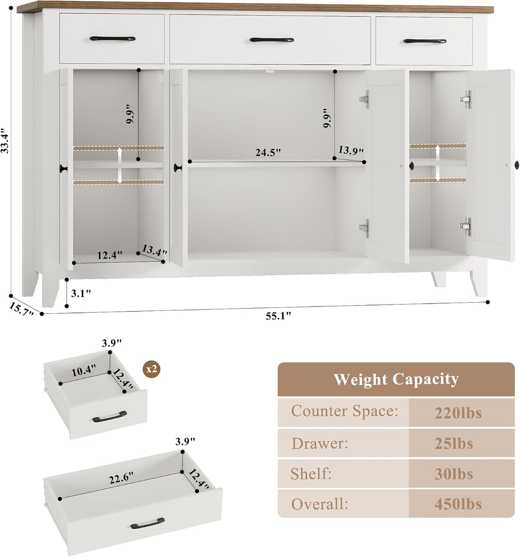 HORSTORS 55' Buffet Cabinet, Modern Farmhouse Sideboard Buffet with Drawers, Large Kitchen Storage Cabinet with Adjustable Shelves, Wood Coffee Bar for Kitchen, Dining Room, Living Room, White