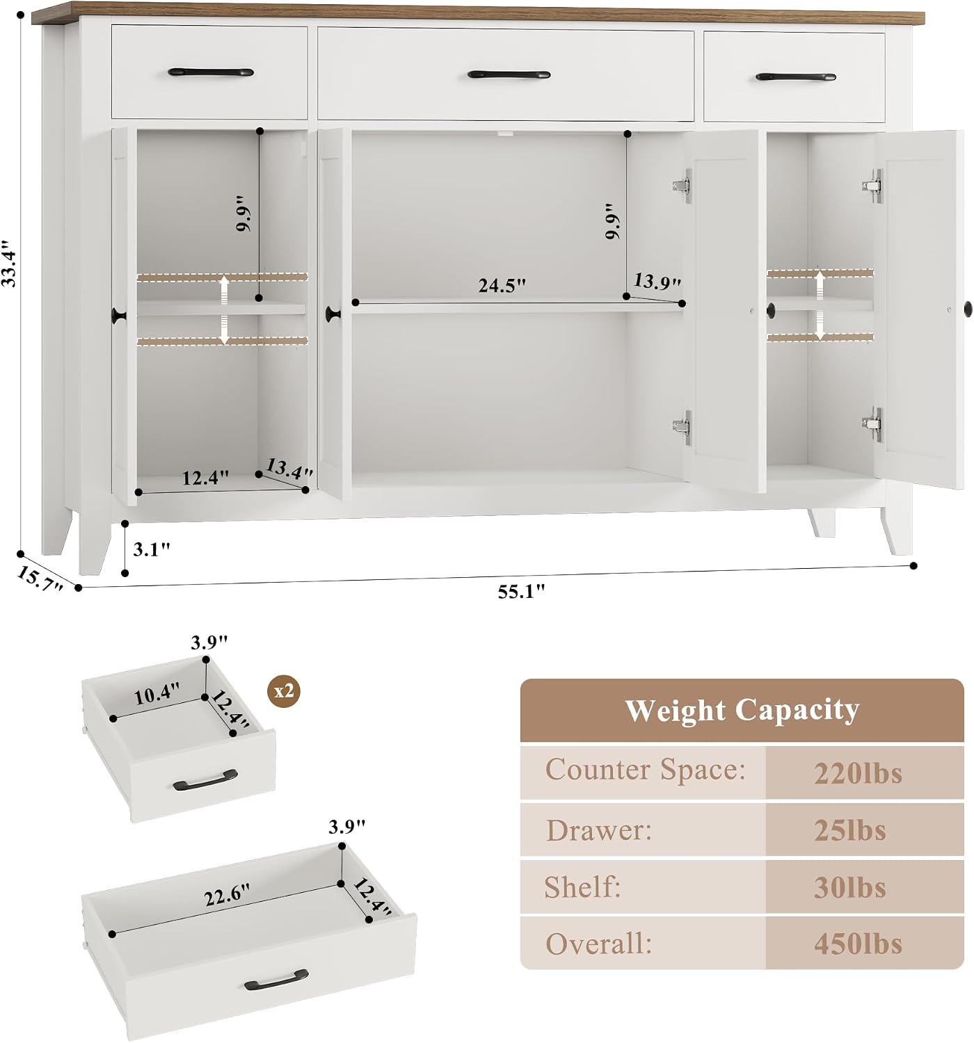 HORSTORS 55' Buffet Cabinet, Modern Farmhouse Sideboard Buffet with Drawers, Large Kitchen Storage Cabinet with Adjustable Shelves, Wood Coffee Bar for Kitchen, Dining Room, Living Room, White