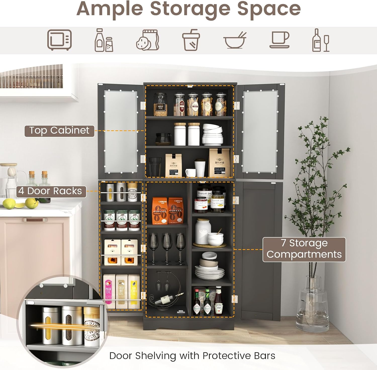 LOKO 63.5' Tall Kitchen Pantry Storage Cabinet, Freestanding Food Storage Cabinet with Glass Doors, Storage Shelves & Door Racks, Modern Cupboard for Dining Room, Living Room (Black)