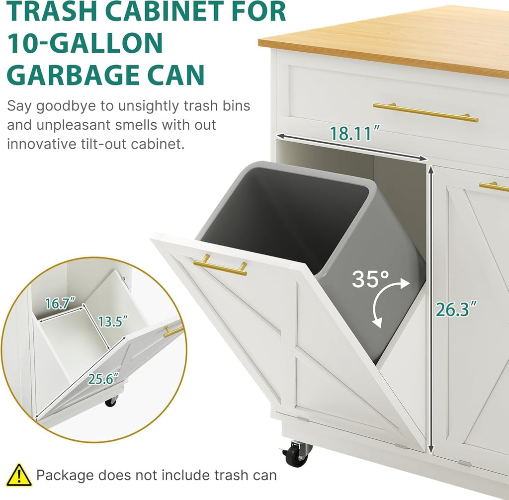 YITAHOME Mobile Storage Islands, Double Tilt Out Trash Cabinet with Power Outlet, Hidden Trash Cabinet Fit 20-Gallon Bin