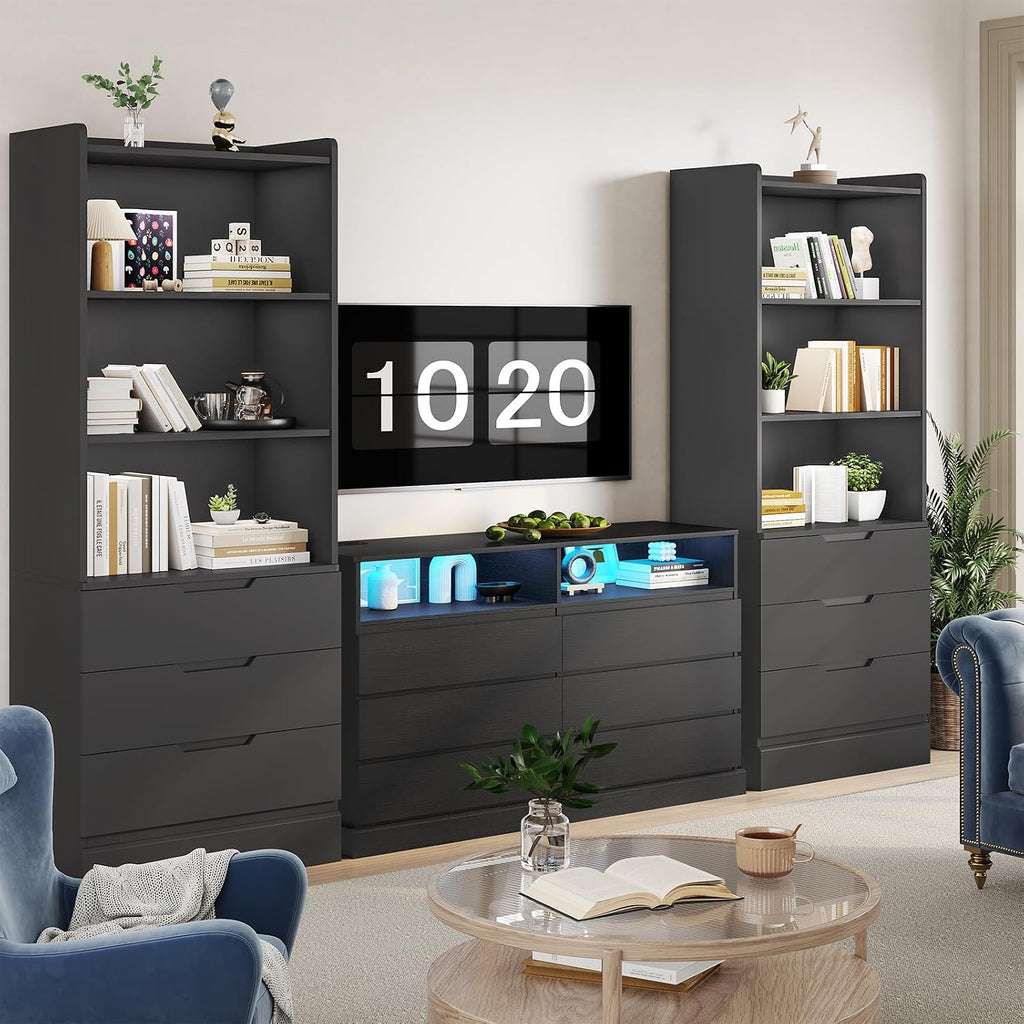 DICTAC Bookcase with 3 Drawers and Shelves 73.23'' Tall Bookshelf with Storage Modern Wood Closet Drawers System,Closet Organizer Unit Freestanding Tall Storage Cabinet for Home Office,Bathroom,Black