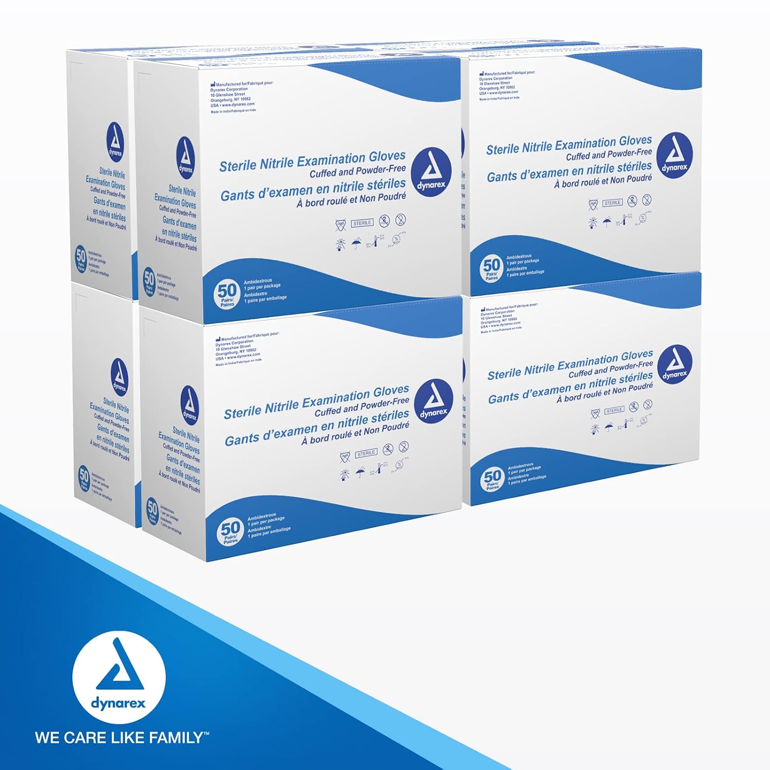 Dynarex Sterile Disposable Nitrile Exam Gloves, Powder-Free, Sterilely Packaged in Pairs, Textured Palms, Blue, Large, 1 Case - 8 Boxes of 50 Pairs