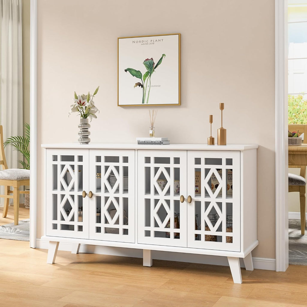 Scurrty 52' Buffet Cabinet with Storage,Sideboard with 4 Doors, Skeletonized Coffee Bar with Storage, Sideboard Cabinet for Dinning Room, Kitchen & Living Room (White)