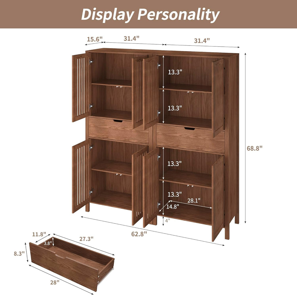 BVIUNTWO Set of 2 Rustic Brown 69' Tall Farmhouse Storage Cabinet with Drawer & Adjustable Shelves, Grille Door Organizer Unit, Anti-Tip Design for Bathroom,Kitchen,Living Room